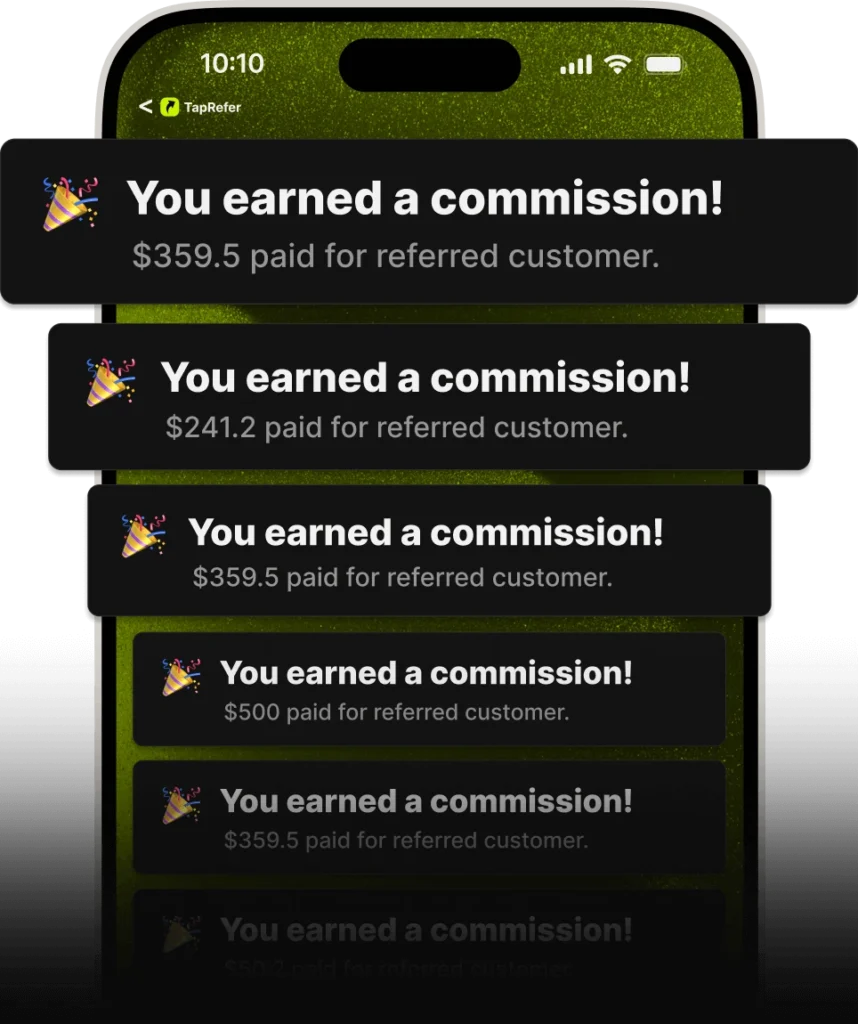 A mobile phone screen showing multiple TapRefer notifications stating "You earned a commission!"