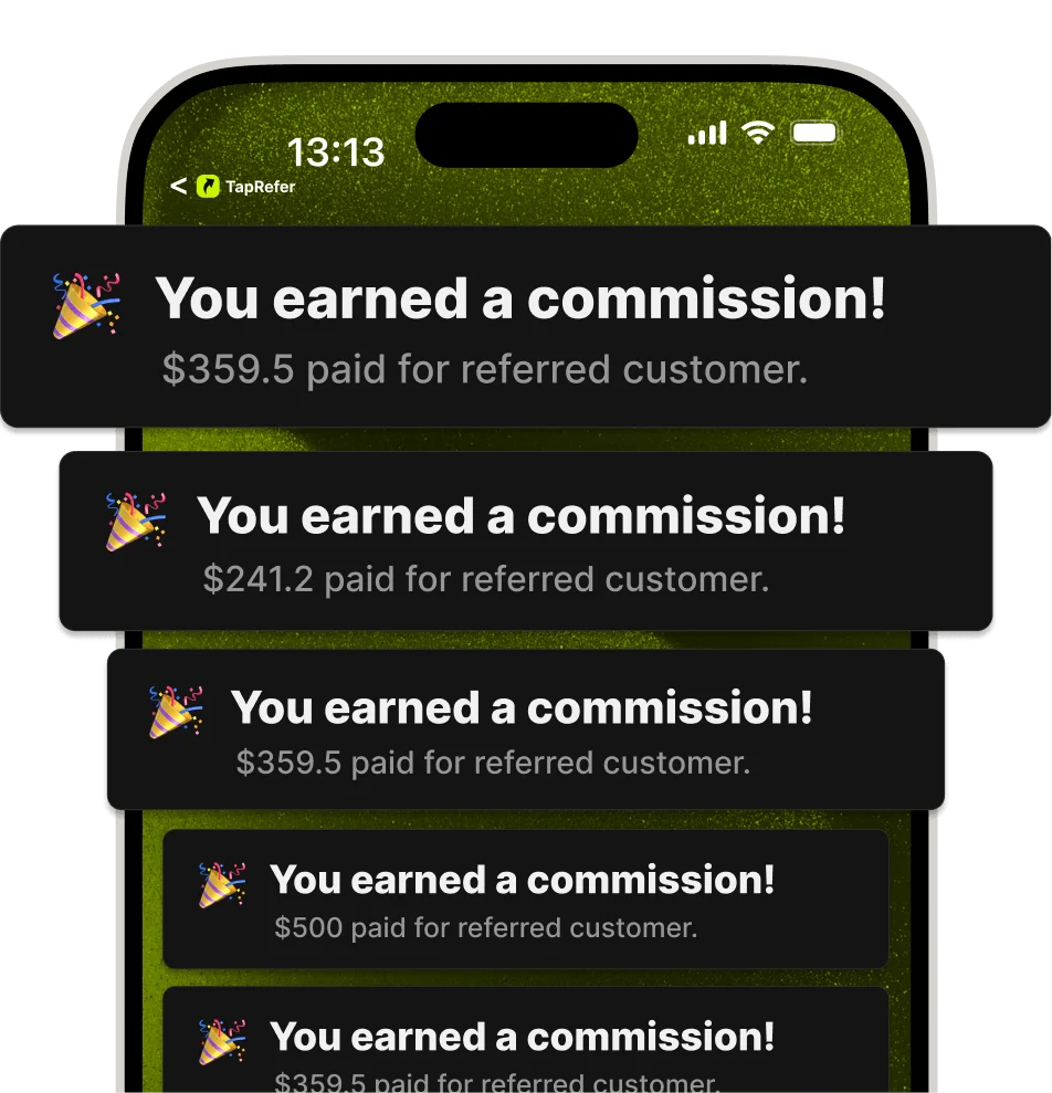 A mobile phone screen showing multiple TapRefer notifications stating "You earned a commission!"